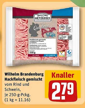 Wilhelm Brandenburg Hackfleisch gemischt vom Rind und Schwein, je 250-g-Pckg. (1 kg = 11.16)