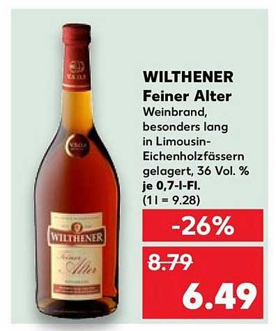 WILTHENER Feiner Alter Weinbrand, besonders lang in Limousin-Eichenholzfässern gelagert, 36 Vol. % je 0,7-l-Fl.