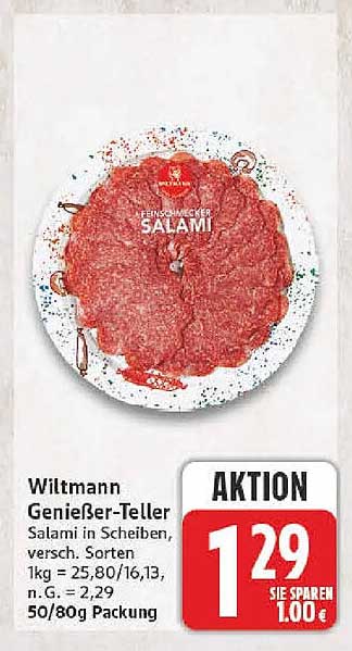 Wiltmann Genießerteller Salami in Scheiben, versch. Sorten 1kg = 25,80/16,13, n.G. = 2,29 50/80g Packung