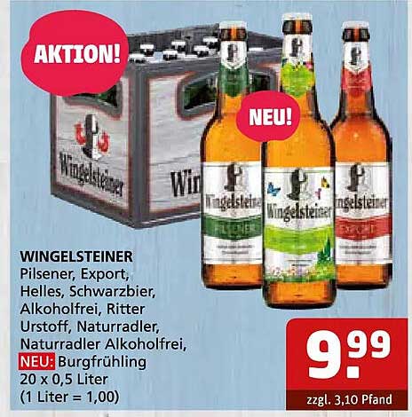 WINGELSTEINER Pilsener, Export, Helles, Schwarzbier, Alkoholfrei, Ritter Urstoff, Naturradler, Naturradler Alkoholfrei, NEU: Burgfrühling 20 x 0,5 Liter (1 Liter = 1,00)