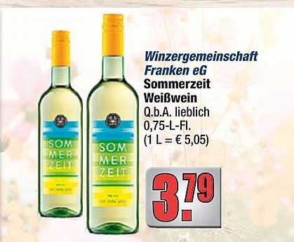 Winzergemeinschaft Franken eG Sommerzeit Weißwein Q.b.A. lieblich 0,75-L-Fl. (1 L = € 5,05)