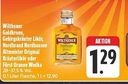 Withener Goldkrone, Gebirgskräuter Likör, Nordbrand Nordhäuser Altmeister Original Kräuterlikör oder Furst Uranov Wodka 28–37,5 % Vol. 0,1 Liter Flasche, 1 l = 12,90