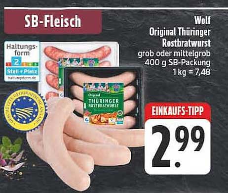 Wolf Original Thüringer Rostbratwurst grob oder mittelgrob 400 g SB-Packung