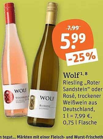 Wolf Riesling „Roter Sandstein“ oder Rosé, trockener Weißwein aus Deutschland, 1 l = 7,99 €, 0,75 l Flasche