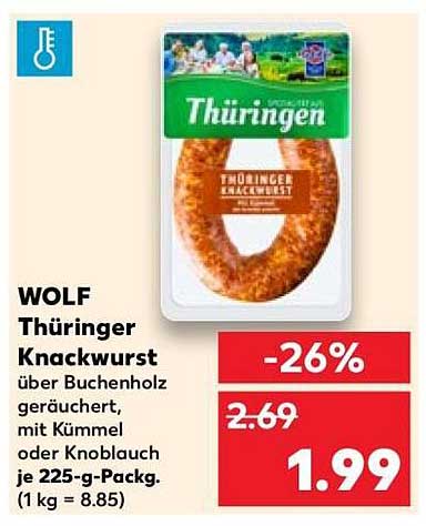 WOLF Thüringer Knackwurst über Buchenholz geräuchert, mit Kümmel oder Knoblauch je 225-g-Packg. (1 kg = 8.85)