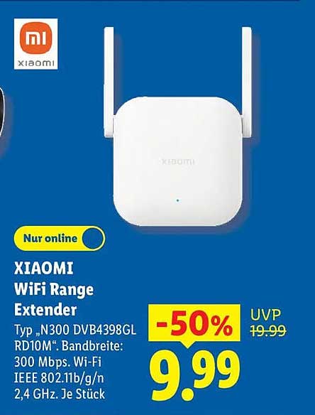 XIAOMI WiFi Range Extender Typ „N300 DVB4398GL RD10M“. Bandbreite: 300 Mbps. Wi-Fi IEEE 802.11b/g/n 2,4 GHz. Je Stück