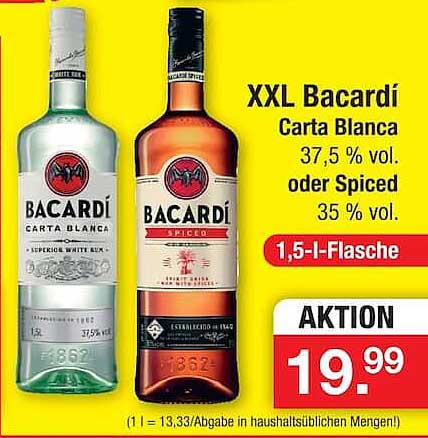 XXL Bacardi Carta Blanca 37,5 % vol. oder Spiced 35 % vol. 1,5-l-Flasche
