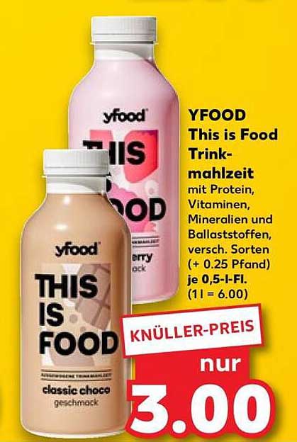 YFood This is Food Trinkmahlzeit mit Protein, Vitaminen, Mineralien und Ballaststoffen, versch. Sorten (+ 0,25 Pfand), je 0,5-l-Fl. (1 l = 6.00)
