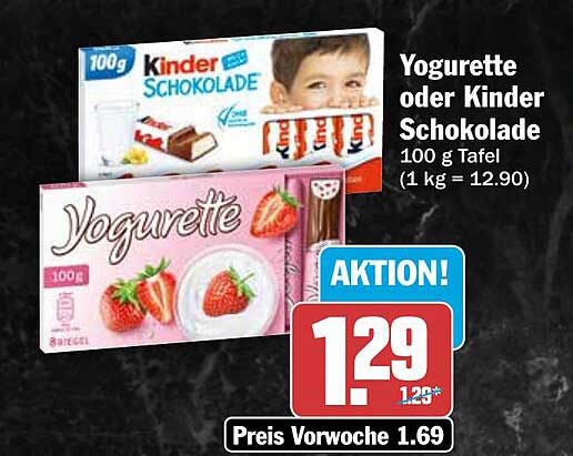 Yogurette oder Kinder Schokolade 100 g Tafel (1 kg = 12.90)