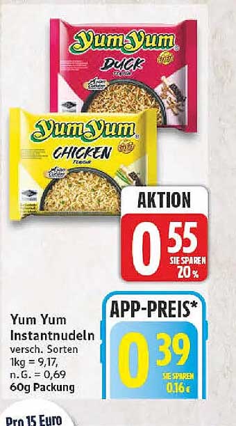 Yum Yum Instantnudeln versch. Sorten 1kg = 9,17, n. G. = 0,69 60g Packung