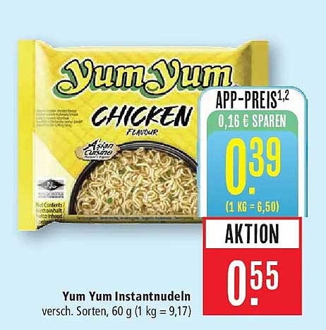 Yum Yum Instantnudeln versch. Sorten, 60 g (1 kg = 9,17)