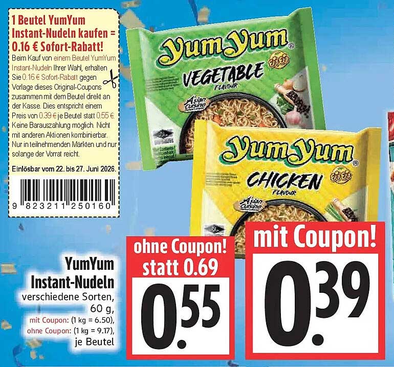 YumYum Instant-Nudeln verschiedene Sorten, 60 g, je Beutel