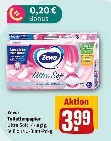 Zewa Toilettenpapier Ultra Soft, 4-lagig, je 8 x 150-Blatt-Pckg.
