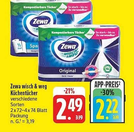 Zewa wisch & weg Küchentücher verschiedene Sorten 2 x 72–4 x 74 Blatt Packung n. G. = 3,19