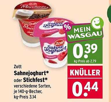 Zott Sahnejoghurt* oder Stickfest* verschiedene Sorten, je 140-g-Becher, kg-Preis 3.14