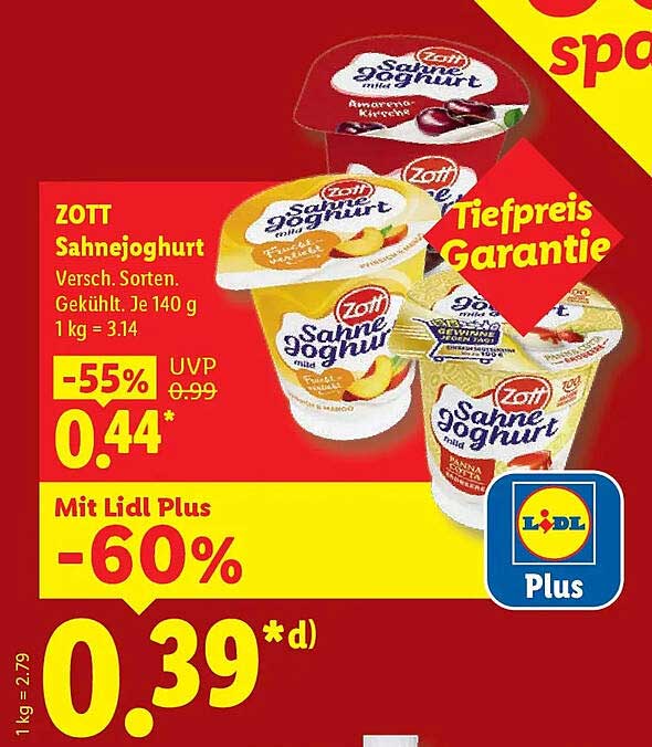ZOTT Sahnejoghurt Versch. Sorten. Gekühlt. Je 140 g 1 kg = 3.14