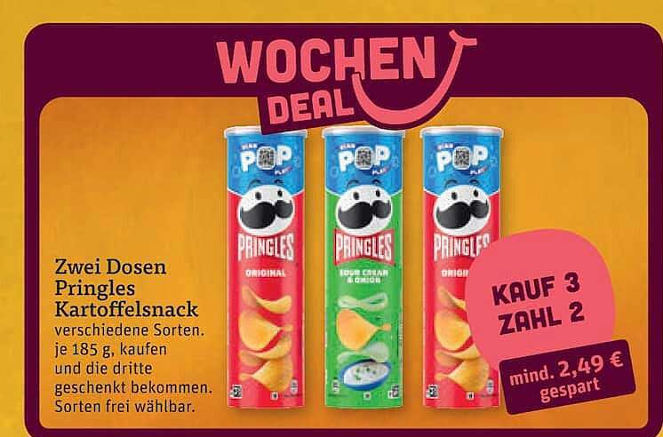 Zwei Dosen Pringles Kartoffelsnack verschiedene Sorten. je 185 g, kaufen und die dritte geschenkt bekommen. Sorten frei wählbar.