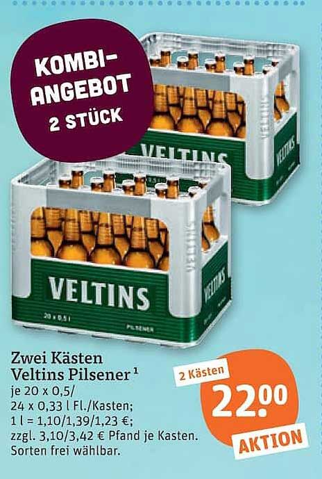 Zwei Kästen Veltins Pilsener¹ je 20 x 0,5l/24 x 0,33 l Fl./Kasten; 1 l = 1,10/1,39/1,23 €; zzgl. 3,10/3,42 € Pfand je Kasten. Sorten frei wählbar.