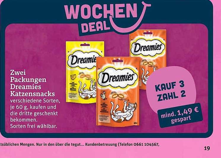 Zwei Packungen Dreamies Katzensnacks, verschiedene Sorten, je 60 g, kaufen und die dritte geschenkt bekommen. Sorten frei wählbar.