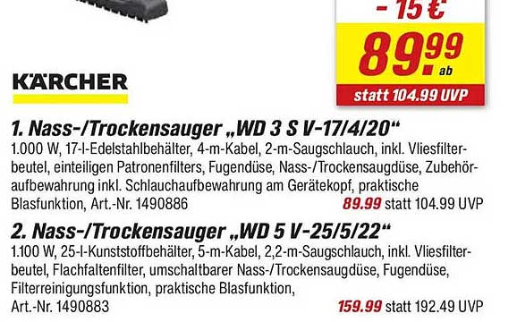 1. Nass-/Trockensauger „WD 3 S V-17/4/20“