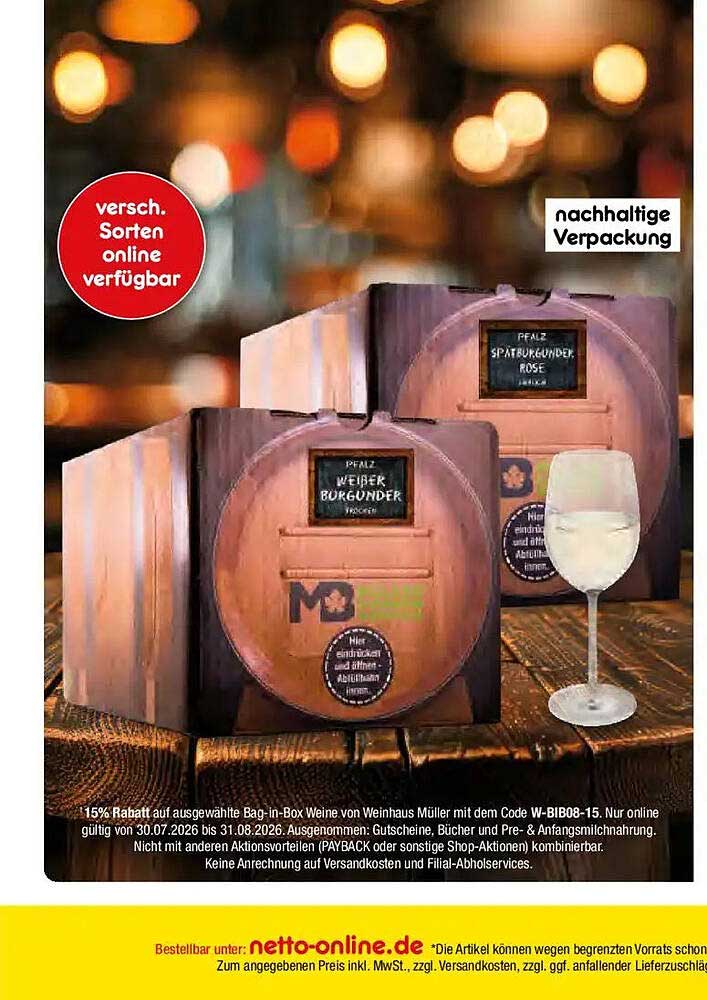 15% Rabatt auf ausgewählte Bag-in-Box Weine von Weinhaus Müller mit dem Code W-BIB08-15.