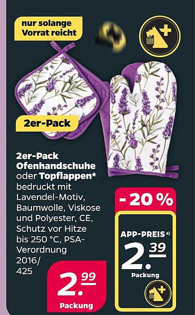 2er-Pack Ofenhandschuhe oder Topflappen* bedruckt mit Lavendel-Motiv, Baumwolle, Viskose und Polyester, CE, Schutz vor Hitze bis 250 °C, PSA-Verordnung 2016/425