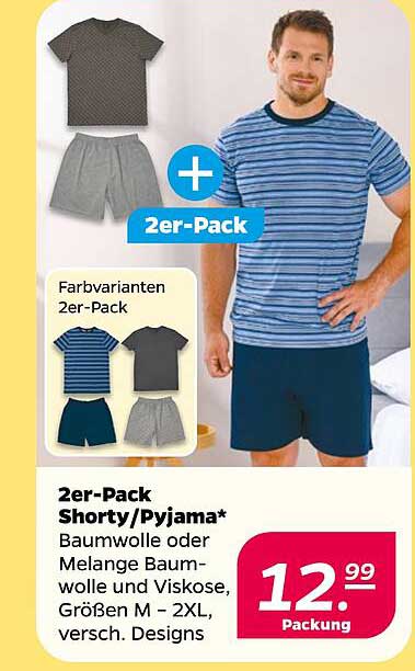 2er-Pack Shorty/Pyjama* Baumwolle oder Melange Baumwolle und Viskose, Größen M – 2XL, versch. Designs