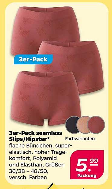 3er-Pack seamless Slips/Hipster* flache Bündchen, superelastisch, hoher Tragekomfort, Polyamid und Elasthan, Größen 36/38 – 48/50, versch. Farben