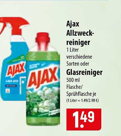 Ajax Allzweckreiniger 1 Liter verschiedene Sorten oder Glasreiniger 500 ml Flasche/Sprühflasche je