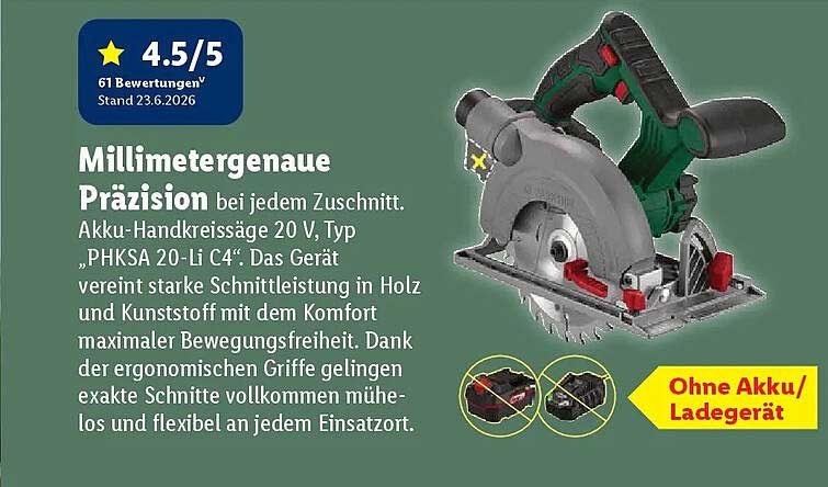 Akku-Handkreissäge 20 V, Typ „PHKSA 20-Li C4“