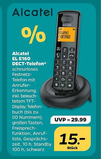 Alcatel EL 160 DECT-Telefon* schnurloses Festnetz-Telefon mit Anrufer-Erkennung, inkl. beleuchtetem TFT-Display, Telefonbuch (bis zu 50 Nummern), großen Tasten, Freisprechfunktion, Anrufliste, Gesprächszeit, 10 h, Standby 100 h, schwarz