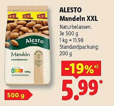 ALESTO Mandeln XXL Naturbelassen. Je 500 g 1 kg = 11.98 Standardpackung: 200 g