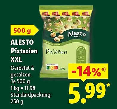 ALESTO Pistazien XXL Geröstet & gesalzen. Je 500 g 1 kg = 11.98 Standardpackung: 250 g