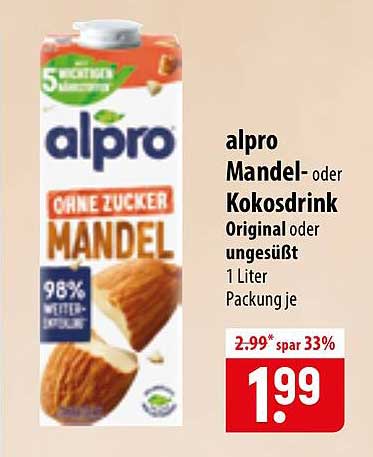 alpro Mandel- oder Kokosdrink Original oder ungesüßt 1 Liter Packung je