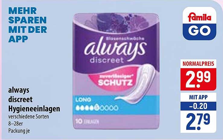always discreet Hygieneeinlagen verschiedene Sorten 8–28er Packung je