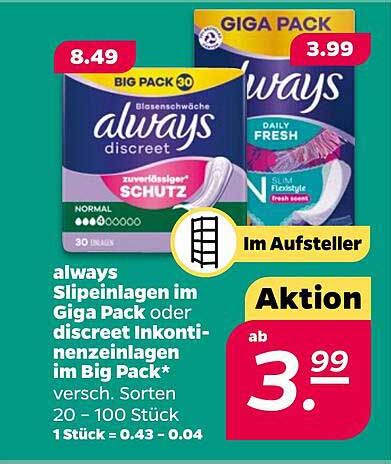 always slipeinlagen im Giga Pack oder discreet Inkontinenzeinlagen im Big Pack*