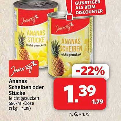 Ananas Scheiben oder Stücke leicht gezuckert 580-ml-Dose (1 kg = 4.09)