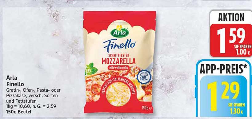 Arla Finello Gratin-, Ofen-, Pasta- oder Pizzakäse, versch. Sorten und Fettstufen, 150g Beutel