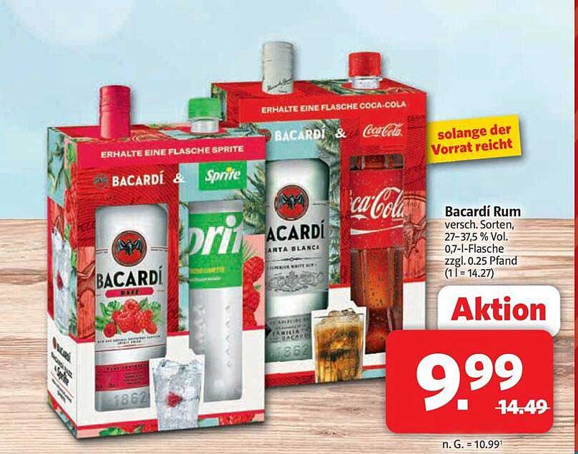 Bacardi Rum versch. Sorten, 27–37,5 % Vol. 0,7-L-Flasche zzgl. 0.25 Pfand (1 l = 14.27)