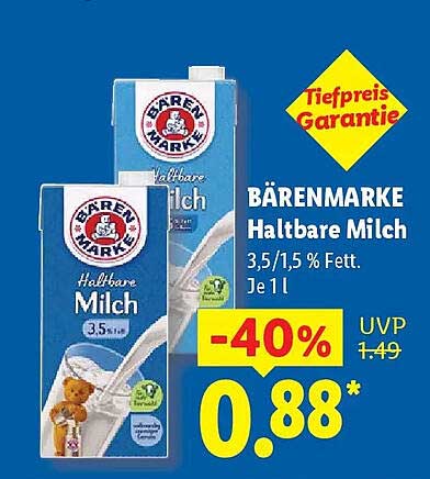 BÄRENMARKE Haltbare Milch 3,5/1,5 % Fett. Je 1 l
