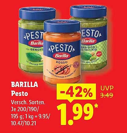 BARILLA Pesto Versch. Sorten. Je 200/190/195 g; 1 kg = 9.95/10.47/10.21