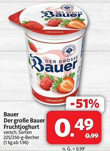 Bauer Der große Bauer Fruchtjoghurt versch. Sorten 225/250-g-Becher (1 kg ab 1,96)