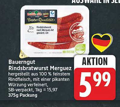 Bauergut Rindsbratwurst Merguez hergestellt aus 100 % feinstem Rindfleisch, mit einer pikanten Würzung verfeinert, SB-verpackt, 1 kg = 15,97 375g Packung