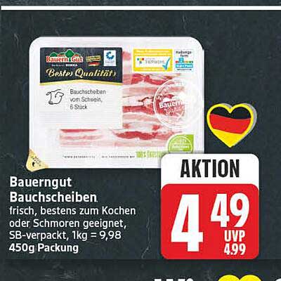 Bauerngut Bauchscheiben frisch, bestens zum Kochen oder Schmoren geeignet, SB-verpackt, 1 kg = 9,98 450g Packung