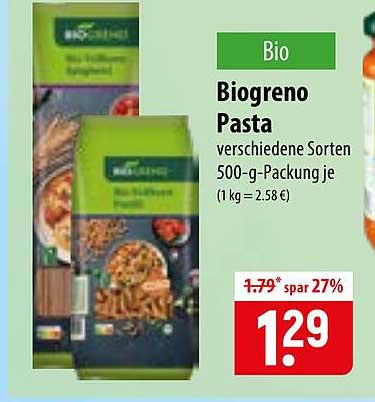Bio Biogreno Pasta verschiedene Sorten 500-g-Packung je