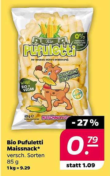 Bio Pufuleti Maissnack* versch. Sorten 85 g 1 kg = 9.29