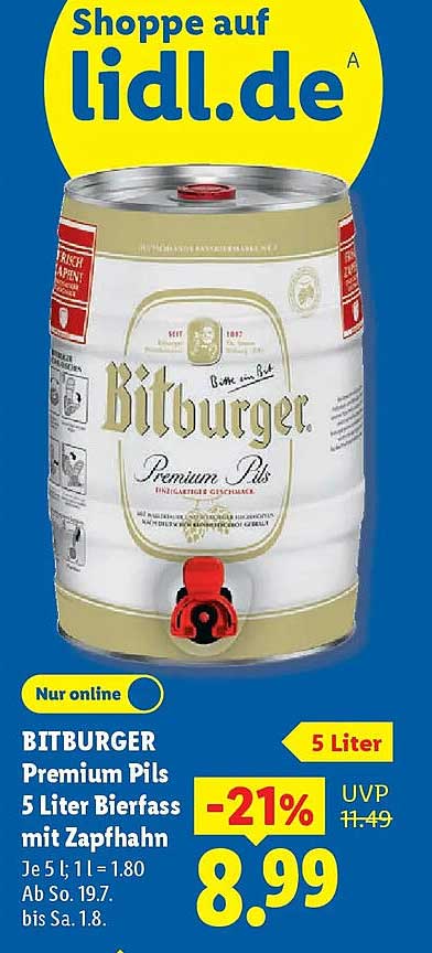 BITBURGER Premium Pils 5 Liter Bierfass mit Zapfhahn