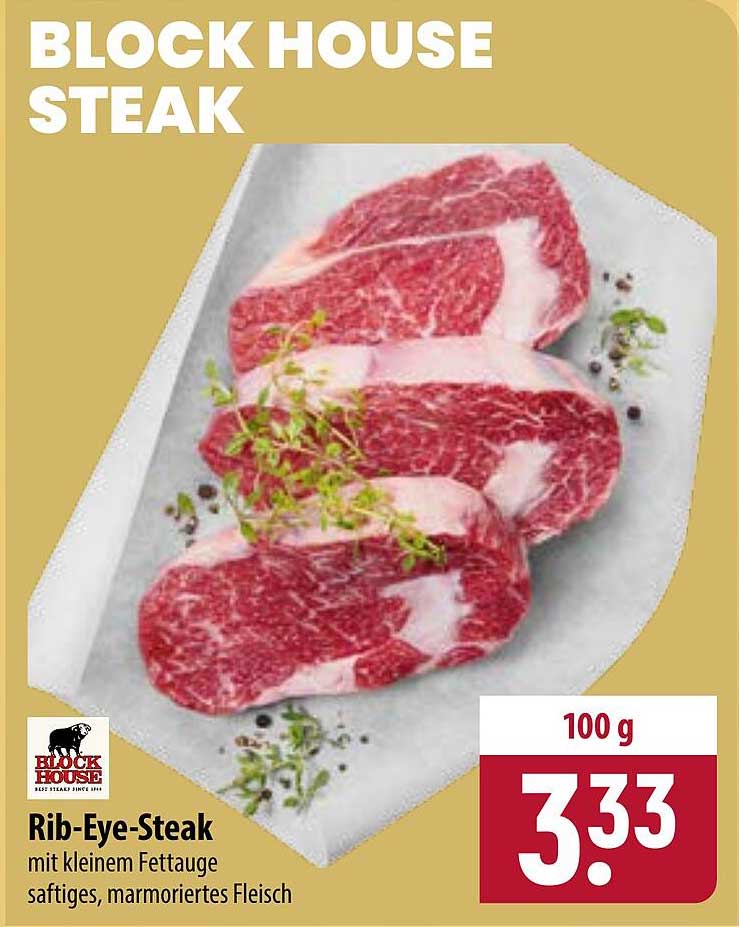 BLOCK HOUSE STEAK Rib-Eye-Steak mit kleinem Fettauge saftiges, marmoriertes Fleisch