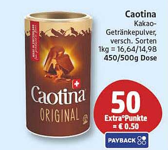 Caotina Kakao-Getränkepulver, versch. Sorten 1kg = 16,64/14,98 450/500g Dose
