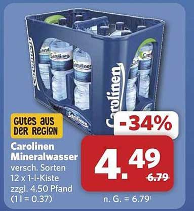 Carolinens Mineralwasser versch. Sorten 12 x 1-l-Kiste zzgl. 4.50 Pfand (1 l = 0.37)